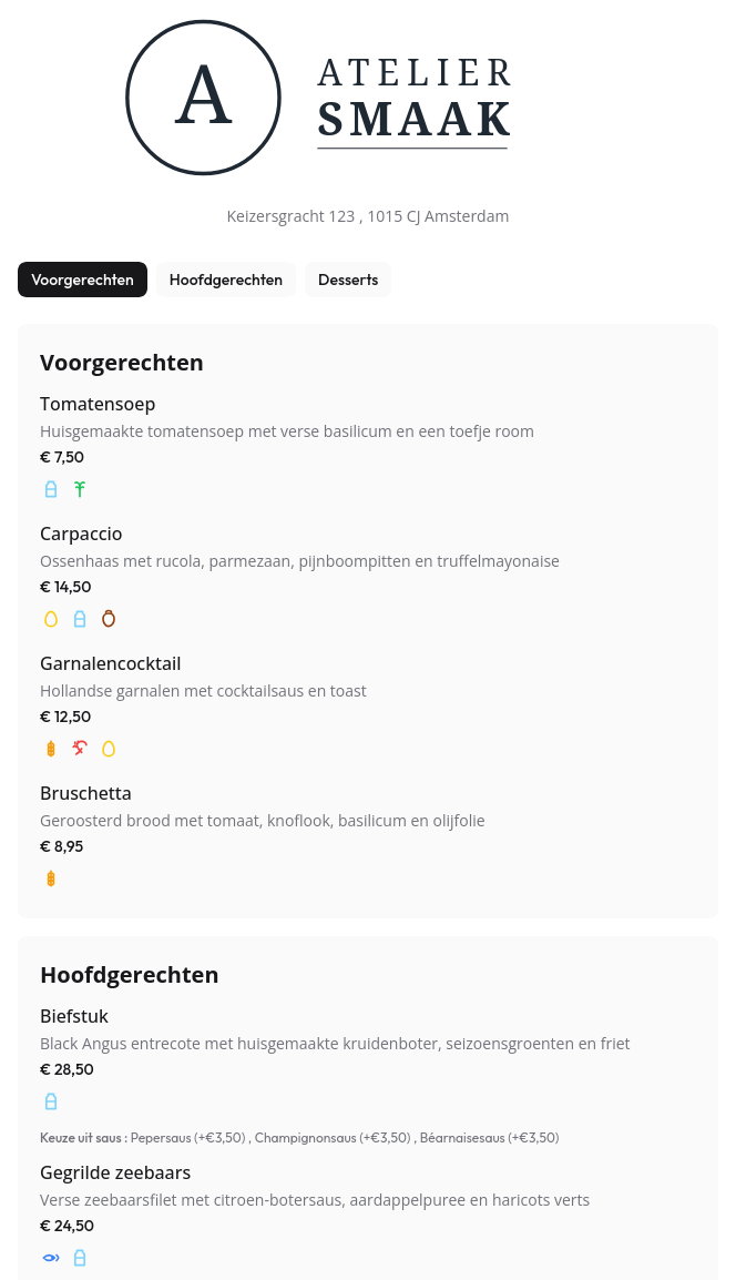 Voorbeeld digitale menukaart in MenuSafe